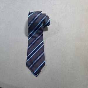 Versace Mens Silk Tie Navy Blue Light Blue Striped Greek Key Medusa Head Italy
